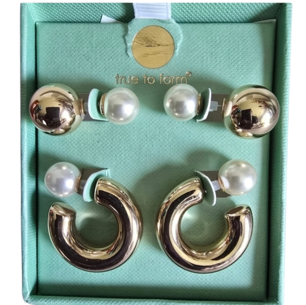 True to Form Gold Tone Pearl Hoop Ball Chunky Earrings Minimalist Modern Simple